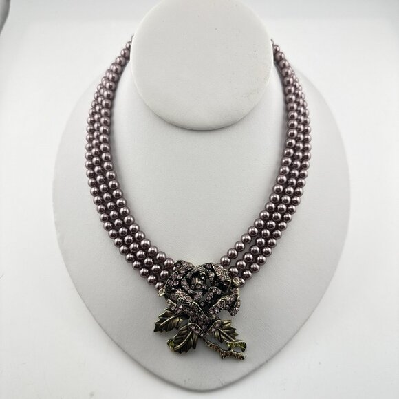 Heidi Daus Necklace Purple Blooming Rose Crystal Pearl Flower Triple Strand - Picture 7 of 13